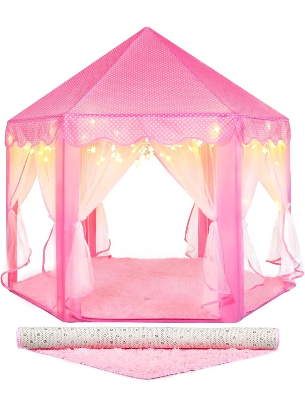 Kids Pink Castle Play Tent with Rug Star Lights Indoor and Outdoor Games